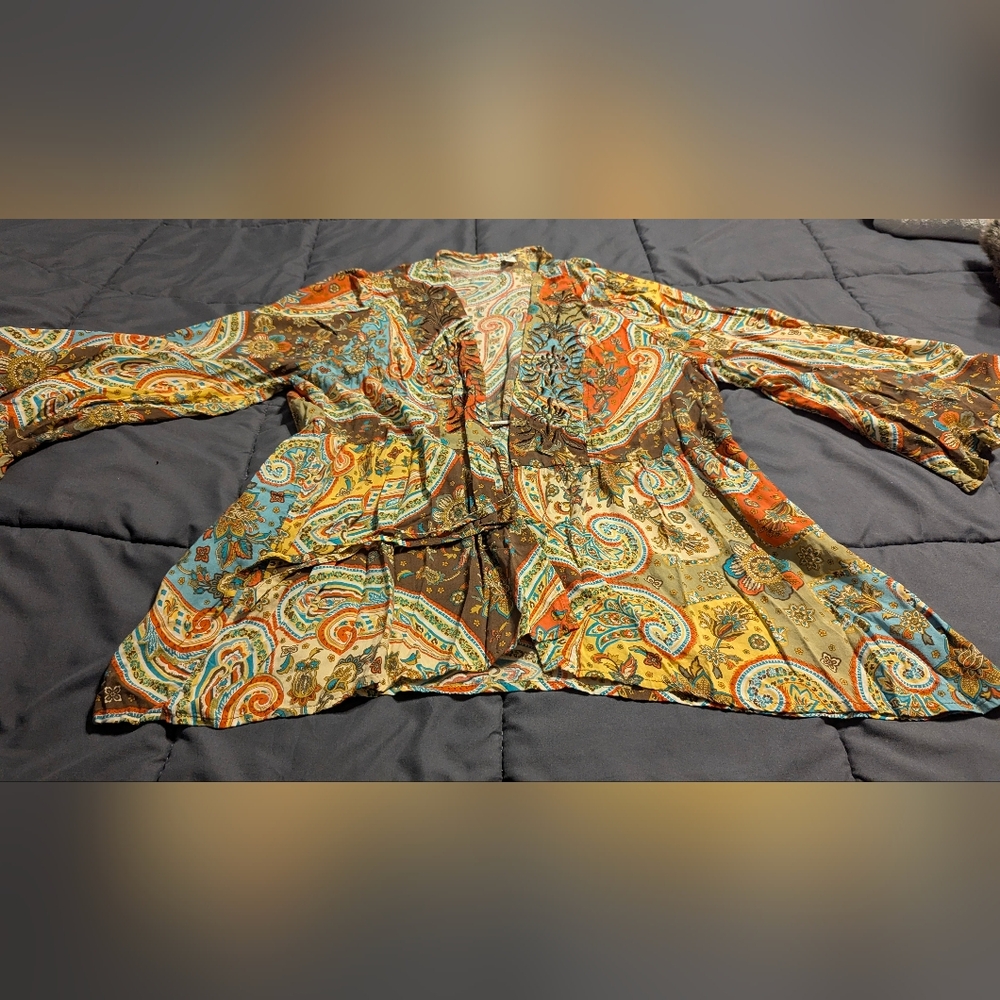 CATO Women's Embroidered Long Sleeve Colorful Paisley Kimono Cardigan Size XL